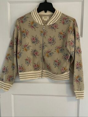 Maeve Floral Bomber Jacket in Beige with Pink, Blue & Yellow Accents Spring